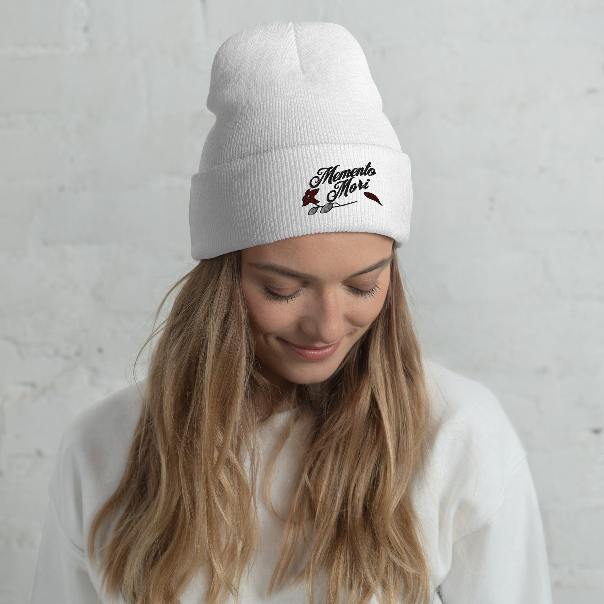 Dappled Designs White Memento Mori Cuffed Beanie