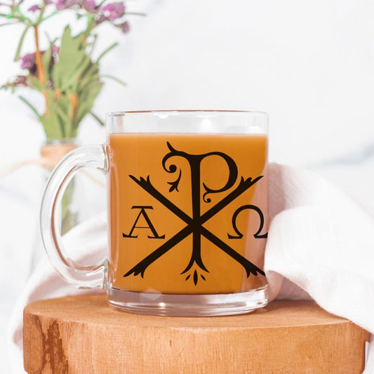 Printed Mint Mugs 1 - Alpha Omega Chi-Rho $24.95+Shipping Traditional Catholic 10oz Glass Mugs (Optional Set of 4 Styles)