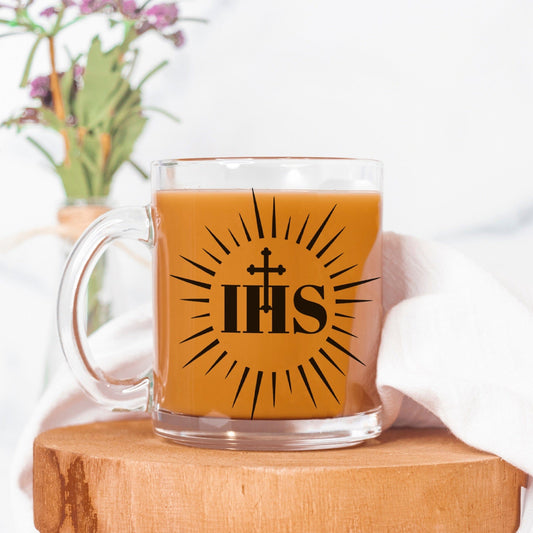 Printed Mint Mugs 1- IHS $24.95+Shipping Traditional Catholic 10oz Glass Mugs (Optional Set of 4 Styles)