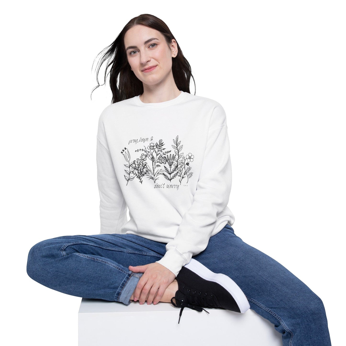 Printify Sweatshirt White / S Wildflower Pray Hope Don't Worry Drop Shoulder Sweatshirt