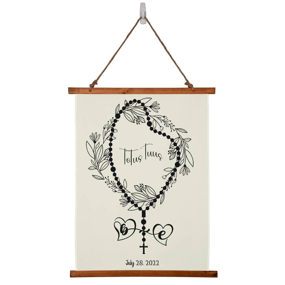 ShineOn Fulfillment Wall Art Personalized Totus Tuus Wood Framed Wedding/Consecration Date Tapestry